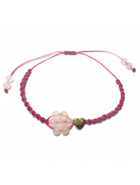 Bracelet Boules en Quartz Rose en forme de fleur et Macramé