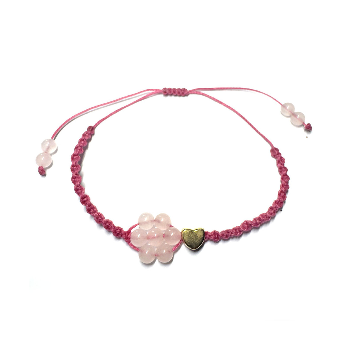 Bracelet Boules en Quartz Rose en forme de fleur et Macramé