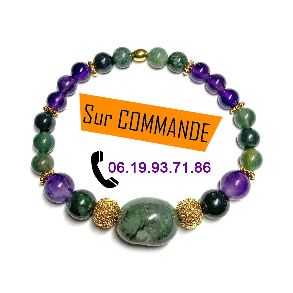 Bracelet Boules Création en Améthyste, Agate Mousse & doré